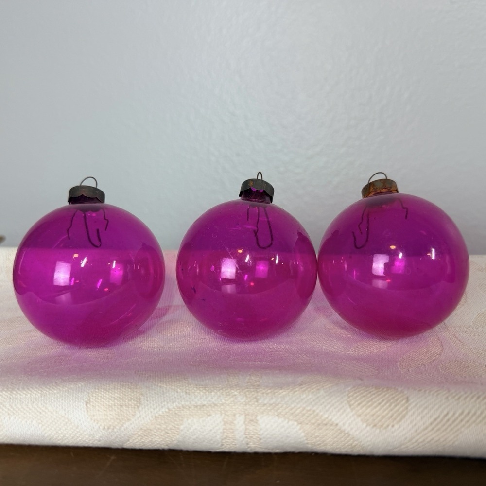 Vintage Unsilvered Glass Hot Pink Ball Shiny Brite(?) Ornament Lot X3 Large
